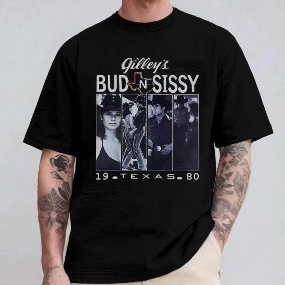 Gilleys Bud n Sissy Texas 1980 Graphic T-Shirt Black Cotton Mens